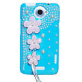 Flowers Bling Crystals Cases Pearls Covers for HTC One X Superme Edge S720E - Blue