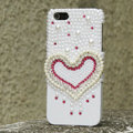 Bling Heart Crystal Cases Rhinestone Pearls Covers for iPhone 5 - White