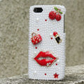 Bling Red lips Crystal Cases Rhinestone Pearls Covers for iPhone 5C - White