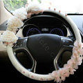 Hot sales Car Steering Wheel Cover Lace Bowknot Pearl Deerskin 14 inch 36CM - Pink