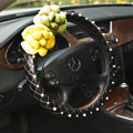 Auto Car Steering Wheel Cover Yellow Flower Pearl Cowhide Diameter 15 inch 38CM - Black