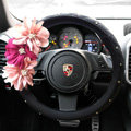 Auto Car Steering Wheel Cover pink Flower Imitation sheepskin Diameter 15 inch 38CM - Black