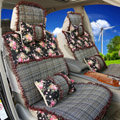 Universal Flax Cotton Hawaiian floral Print Lace Car Seat Cover Cushion 10pcs Sets - Black