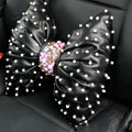 Bowknot Flower Auto Lumbar Pillow Genuine Sheepskin Pearl Support Cushion 1pcs - Black