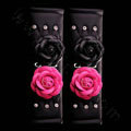 Camellia Flower Rhinestone Leather Car Seat Safety Belt Covers 2pcs - Rose Black