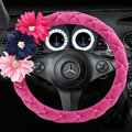 Cute Women Flower Flocking Rhinestone Car Steering Wheel Covers 15 inch 38CM - Rose