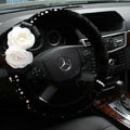Elegant Crystal Pearls Rose Genuine Wool Auto Steering Wheel Covers 15 inch 38CM - Black