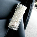 Elegant Female Crystal Beads Pearls Auto Seat Safety Belt Covers Genuine Sheepskin 2pcs - White