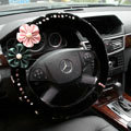 Elegant Flower Crystal Beaded Genuine Wool Auto Steering Wheel Covers 14 inch 36CM - Black
