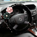 Elegant Flower Crystal Beaded Genuine Wool Auto Steering Wheel Covers 15 inch 38CM - Black