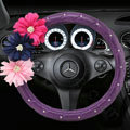 Elegant Flower Crystal PU Leather Car Steering Wheel Covers 15 inch 38CM - Purple