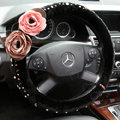 Elegant Rose Crystal Beaded Genuine Wool Auto Steering Wheel Covers 14 inch 36CM - Black