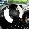 Fashion Genuine Wool With Rabbit Fur Diamond Auto Steering Wheel Covers 15 inch 38CM - Black
