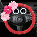 Fashion Pink Flower Crystal PU Leather Car Steering Wheel Covers 15 inch 38CM - Red