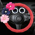 Fashion Women Flower Crystal PU Leather Car Steering Wheel Covers 15 inch 38CM - Red