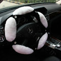 Luxury Diamond Genuine Wool With Rabbit Fur Auto Steering Wheel Covers 15 inch 38CM - White