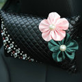 Luxury Genuine Leather Crystal Beads Flower Car Headrest Supplies Neck Safety Pillow 1pcs - Black
