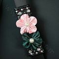 Luxury Women Diamond Flower Vehicle Seat Safety Belt Covers Genuine Leather 2pcs - Black