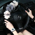 New Crystal Beads Lace Rose Auto Steering Wheel Covers Genuine Sheepskin 15 inch 38CM - Black