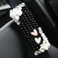 New Crystal Beads Pearls Rose Auto Seat Safety Belt Covers Genuine Sheepskin 2pcs - Black
