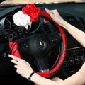 New Sexy Crystal Beads Rose Auto Steering Wheel Covers Genuine Sheepskin 14 inch 36CM - Red