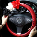 New Sexy Crystal Beads Rose Auto Steering Wheel Covers Genuine Sheepskin 15 inch 38CM - Red