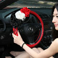 New Sexy Crystal Beads Rose Auto Steering Wheel Covers Genuine Sheepskin 16 inch 40CM - Red