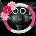 Pink Flower Diamond Female PU Leather Car Steering Wheel Covers 15 inch 38CM - Rose White