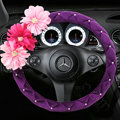 Pink Flower Flocking Rhinestone Car Steering Wheel Covers 15 inch 38CM - Purple