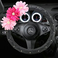 Pink Flower Rhinestone PU Leather Car Steering Wheel Covers 15 inch 38CM - Black