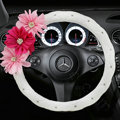 Pink Flower Rhinestone PU Leather Car Steering Wheel Covers 15 inch 38CM - White
