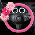 Pink Princess Flower Crystal PU Leather Car Steering Wheel Covers 15 inch 38CM - Rose
