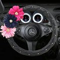 Popular Flower Rhinestone PU Leather Car Steering Wheel Covers 15 inch 38CM - Black