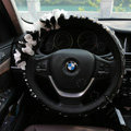 Popular Lace Flower Crystal Car Steering Wheel Covers Genuine Sheepskin 14 inch 36CM - Black