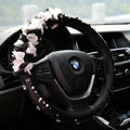 Popular Lace Flower Crystal Car Steering Wheel Covers Genuine Sheepskin 15 inch 38CM - Black