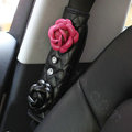 Women Diamond With Camellia Flower Leather Vehicle Seat Safety Belt Covers 2pcs - Black Rose
