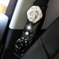 Women Diamond With Camellia Flower Leather Vehicle Seat Safety Belt Covers 2pcs - Black White