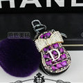 Pretty Universal Crystal Genuine Leather Auto Key Bags Fur Ball Key Chain - Purple