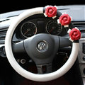 Cool Camellia Car Steering Wheel Wrap PU Leather 15 Inch 38CM - White