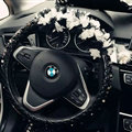 Floral Car Steering Wheel Cover Bud Silk Genuine Leather 15 Inch 38CM - Black