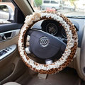 Leopard Print Camellia Lace Car Steering Wheel Cover Bud Silk Fiber Cloth 15 Inch 38CM - Coffee