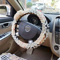 Rhombus Camellia Lace Car Steering Wheel Cover Bud Silk Fiber Cloth 15 Inch 38CM - Coffee