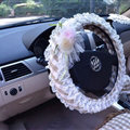 Rhombus Flower Lace Car Steering Wheel Cover Bud Silk Fiber Cloth 15 Inch 38CM - Beige