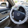 Rhombus Flower Lace Car Steering Wheel Cover Bud Silk Fiber Cloth 15 Inch 38CM - Black