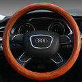 Lozenge Pattern Car Steering Wheel Covers Sheepskin Leather 15 Inch 38CM - Brown