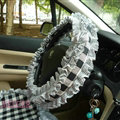Women Checked Fold Lace Flax Car Steering Wheel Covers 15 inch 38CM - Black White