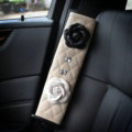 1pcs Camellia Leather Car Safety Seat Belt Cover Flower Crystal Shoulder Pads Accessories - Beige