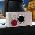 Camellia Leather Car Tissue Box Holder Case Auto Seat Back Hanging Tissue Bag - White Rose