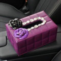 Creative Camellia Leather Crystal Car Tissue Paper Box Holder Case Interior Accessories - Purple