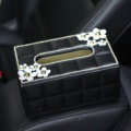 Crystal Daisy Flower Leather Small Car Tissue Paper Box Holder Case Interior Accessories - Black